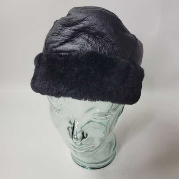 Unbranded Other - Black Sheepskin Leather Cossack Hat Shearling Trim Winter Pillbox Cap Medium